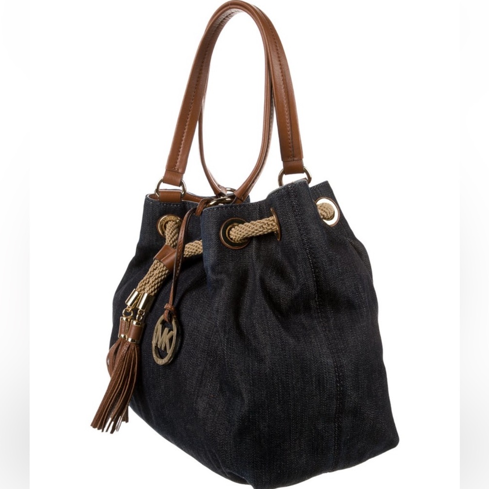 Michael Kors Denim Leather and Brown Tote Bag - Picture 2 of 5